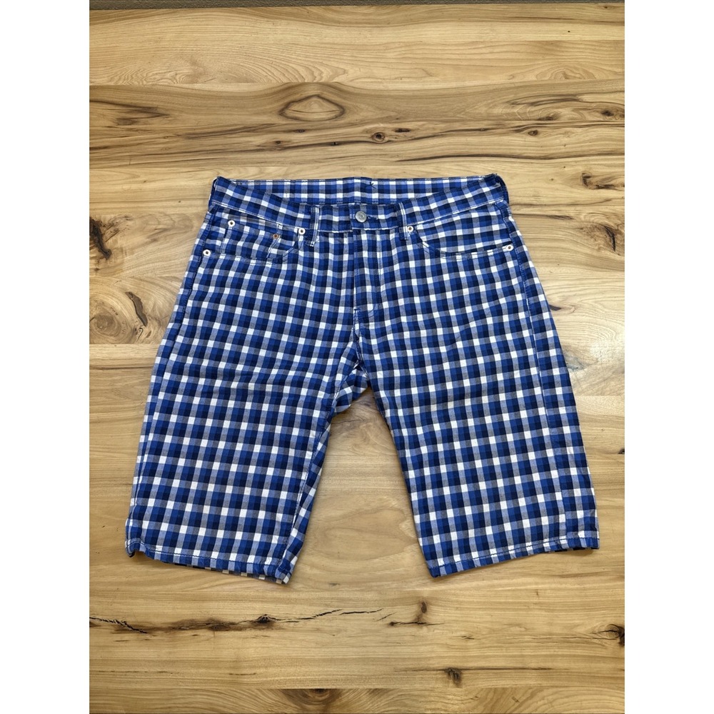 Levis Blue White Plaid 504 Chino Shorts Mens Size 30 Flat Front 100% Cotton